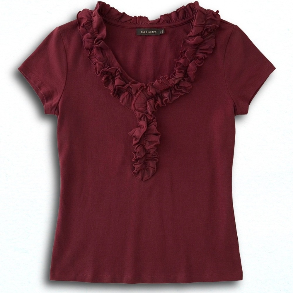 The Limited Womens Burgundy Ruffle V-Neck Short Sleeve Knit Top Size M